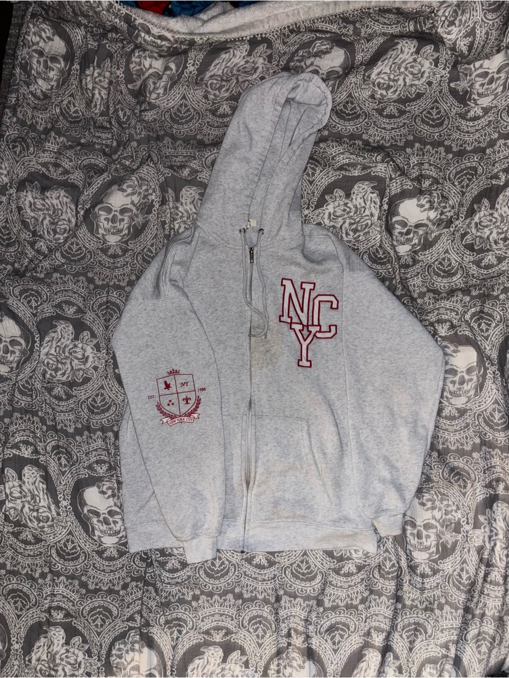 Light Gray Zip Hoodie with Red NY Patch
